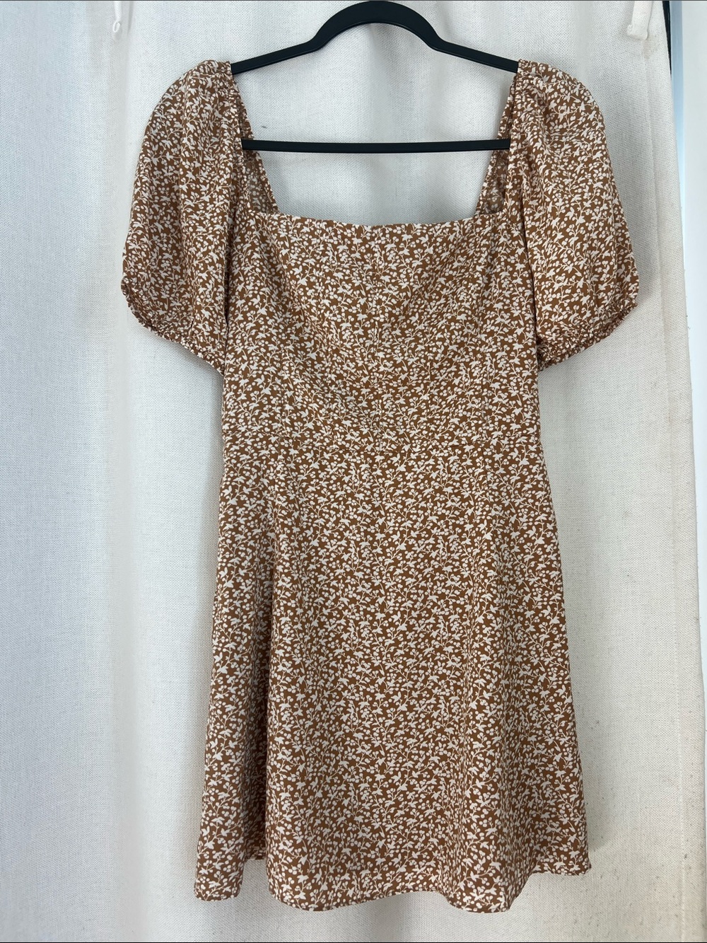 Abercrombie & Fitch Brown Floral Square-Neck Mini Dress with Puff Sleeves